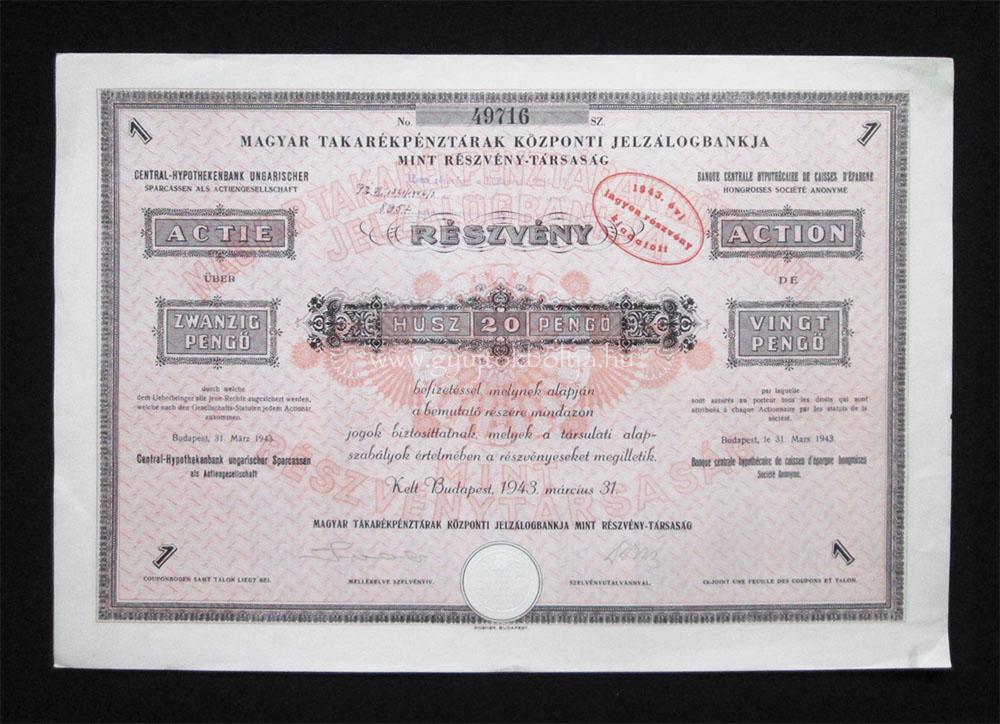 Magyar Takarékpénztárak Központi Jelzálogbankja 20 pengõ 1943